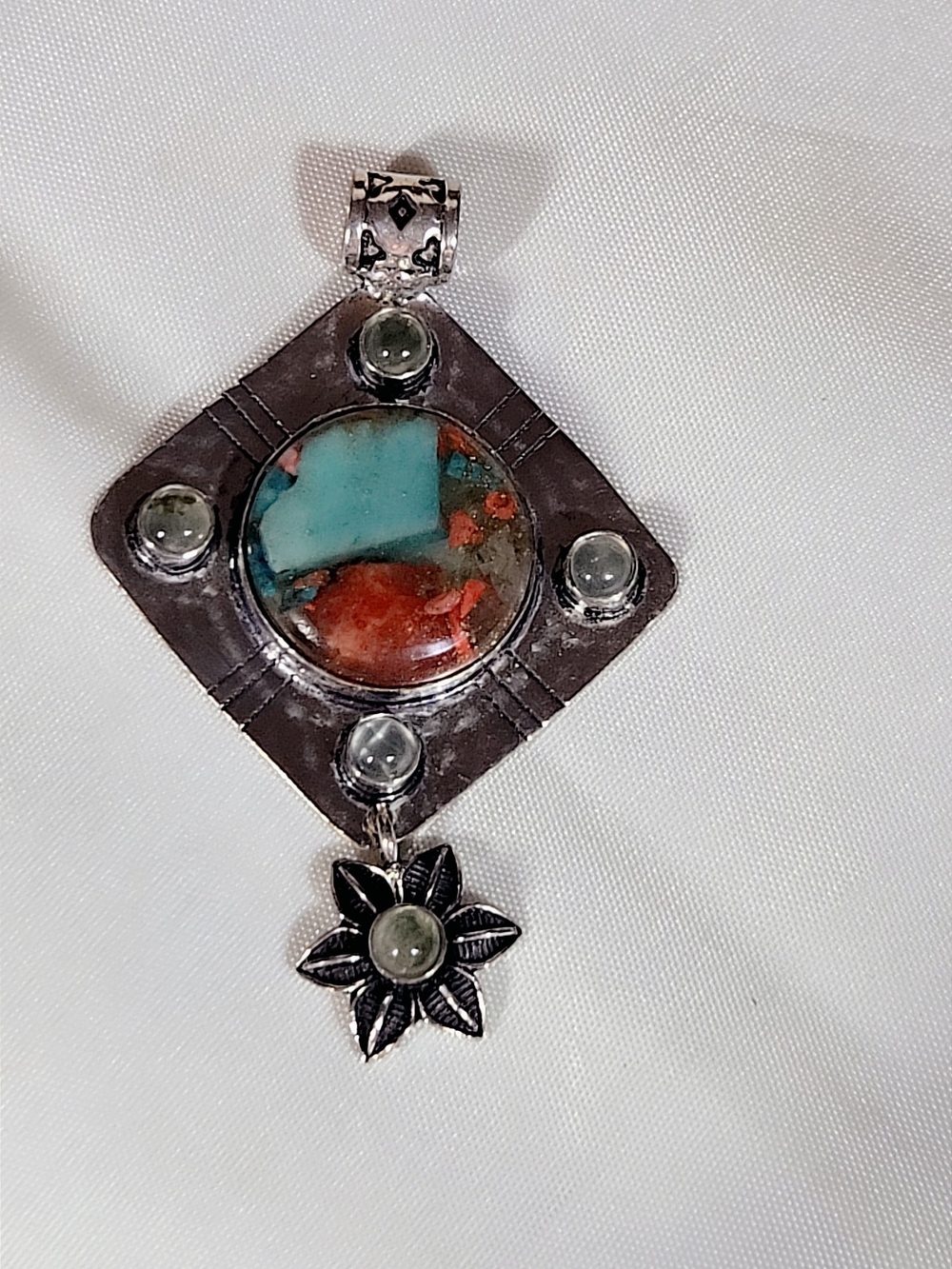 Silver-tone Turquoise & Red Stone In Resin Pendant Necklace - Unbranded
